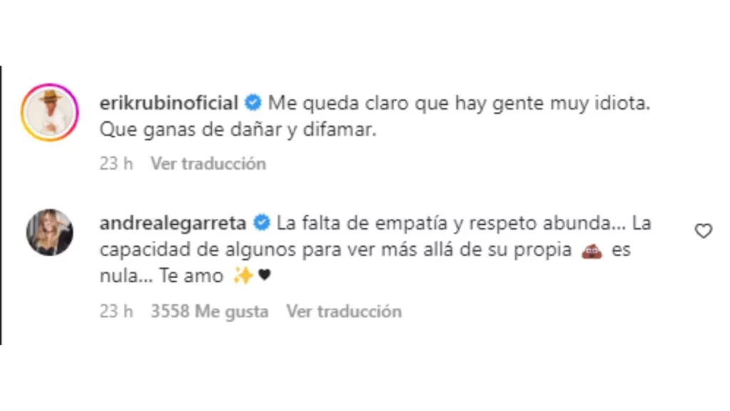 Luego de los ataques que ha recibido en redes sociales, Erik Rubín publicó un video en IG y Andrea Legarreta se solidarizó con él