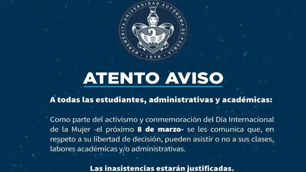 BUAP justificará faltas ante el 8M