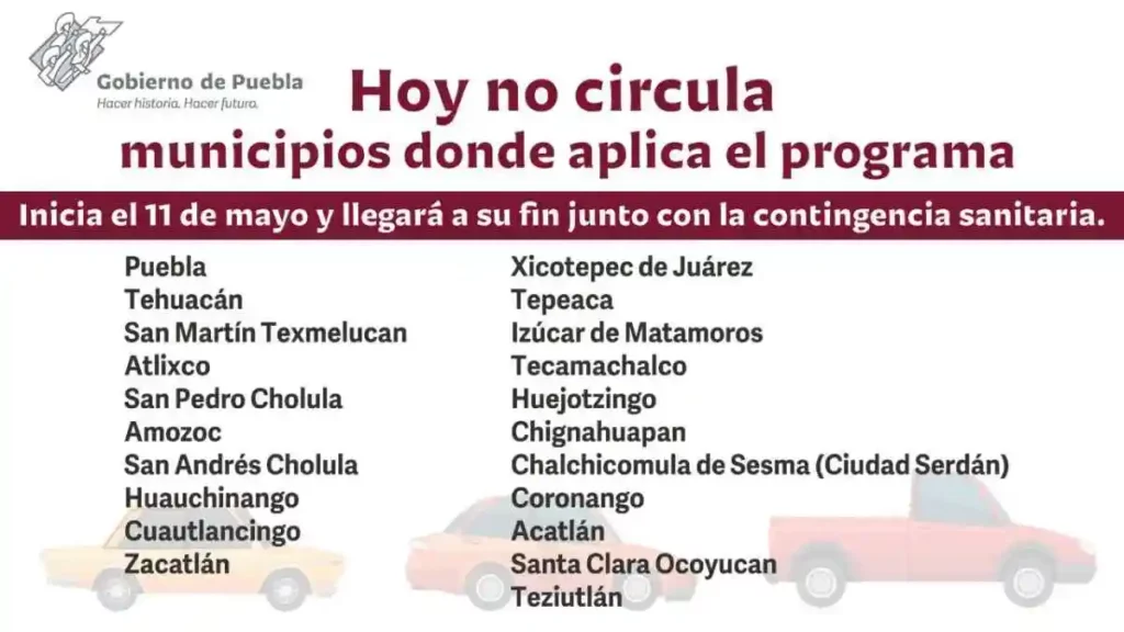 Estos son los municipios en los que aplicará el Hoy no Circula en Puebla