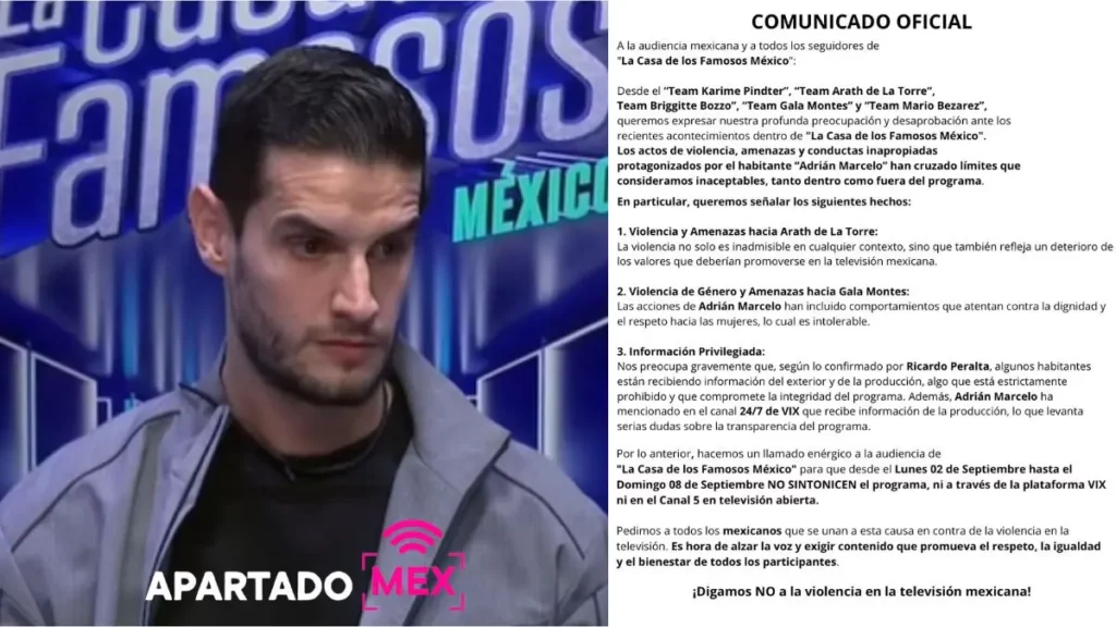 Fandom de integrantes del Team Mar llama a boicotear a la producción para frenar la violencia que ejerce Adrián Marcelo dentro de La Casa de los Famosos