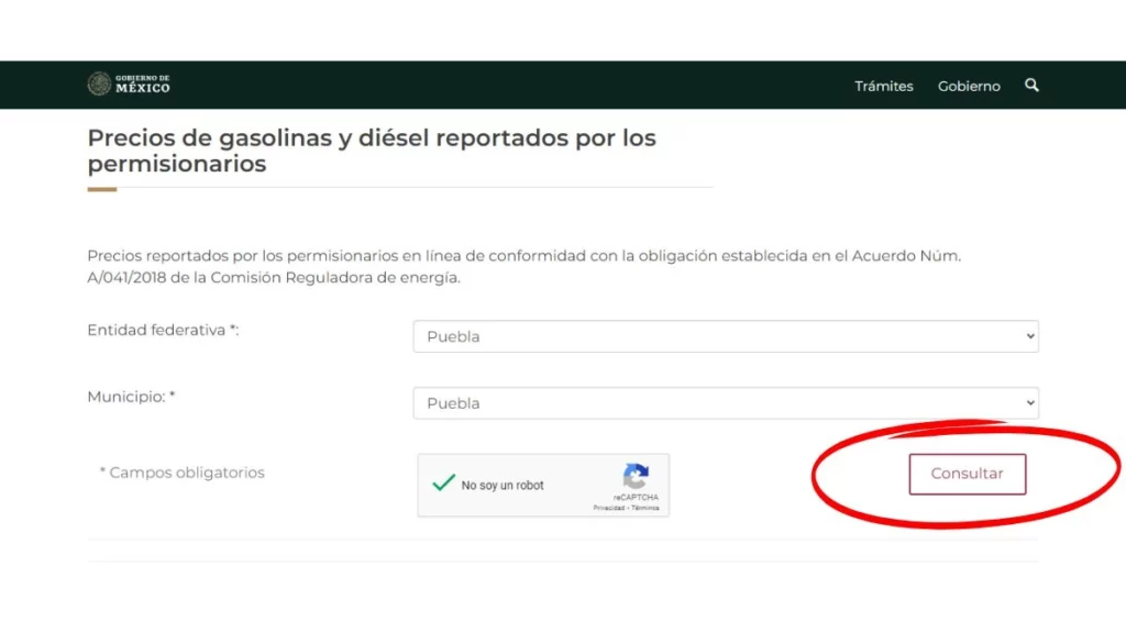 Paso 1. Selecciona los datos del estado y municipio dónde quieres encontrar el mejor precio de la gasolina, selecciona no soy robot y presiona continuar