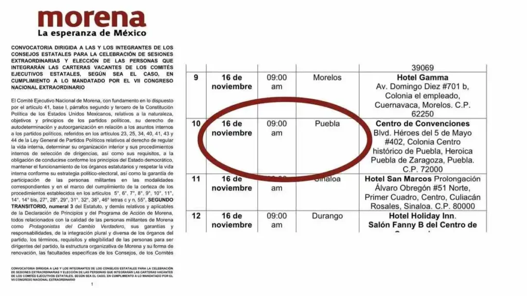 Morena Lanza Convocatoria para Renovación de su Comité Ejecutivo en Puebla