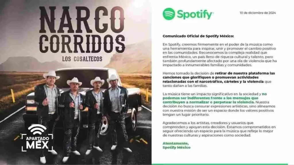 ¿Adiós a los narcocorridos en Spotify?