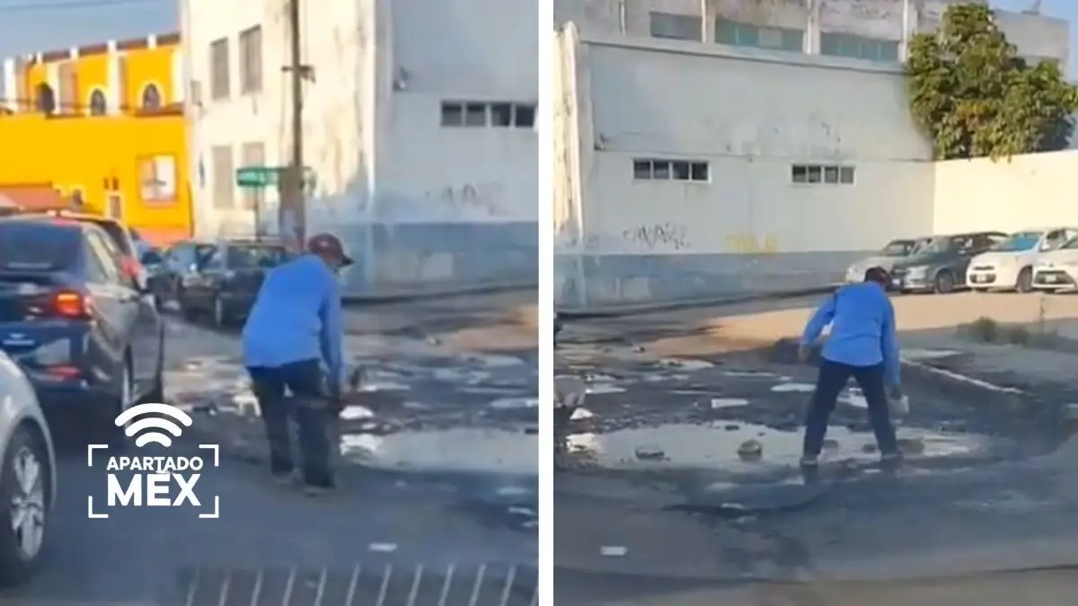 Abuelito tapa baches en Boulevard Vicente Suárez, ¿Y Pepe Chedraui qué hace?